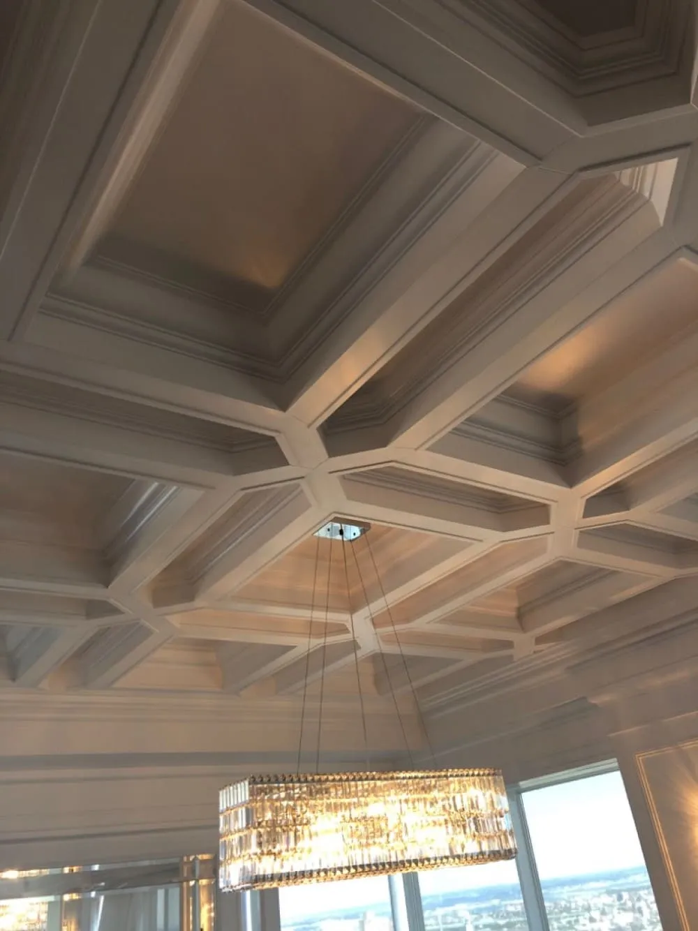 Coffered ceiling with a crystal chandelier