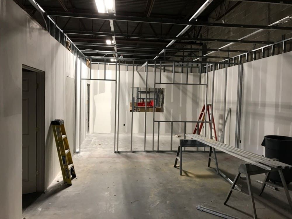 Commercial interior build-out with new steel stud framing