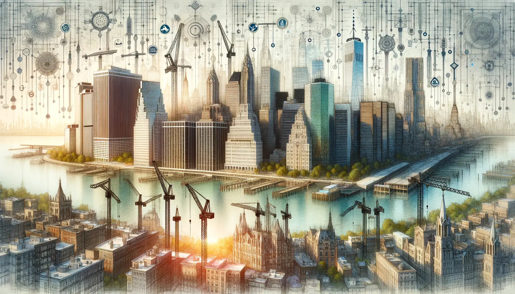 Illustration of the New York City skyline with construction cranes